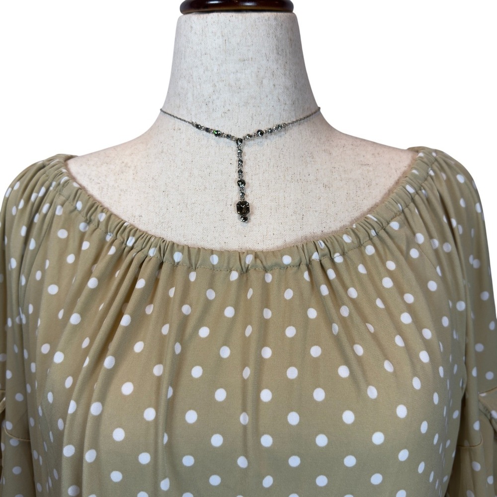 Vince Camuto L Polka Dot Ruffle Tiered Sleeve Top Tan White Flowy Cottagecore - Picture 4 of 8